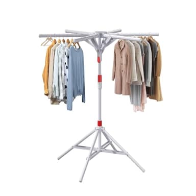 Clothes Drying Rack - Comes with 6 Swivel Hanger arms, Foldable - Convenient - Stainless Steel, Height-Adjustable 4-Leg Drying Rack with 20 Windproof Hooks and 2 Windproof Sock Racks