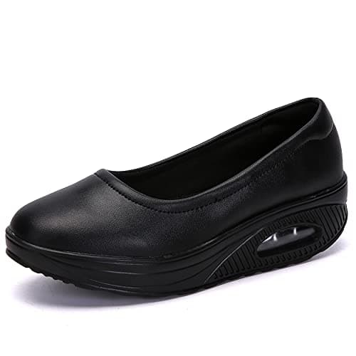 ihinzry Women's Wedge Leather Shoes Nurse Lightweight Comfort Work Shoes Waterproof Non Slip Loafer Platform Shoes, Black, 9