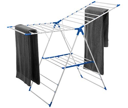 L.T. Williams Clothes Drying Rack, with Sock Clips, Metal Laundry Rack, Foldable, Space-Saving, Free-Standing Airer, with 2 Height-Adjustable Gullwings, Indoor Outdoor Use, Silver and White