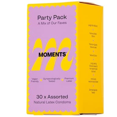 Moments Party Pack Assorted Condoms - Vegan Society Certified, Flavoured, Extra Lubricated, Premium Quality Natural Rubber Latex, Gynaecologically & Dermatologically Tested (30 x Assorted Natural Latex Condoms)