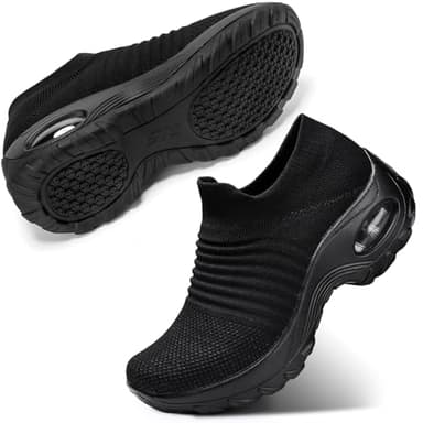 STQ Walking Shoes Women Slip on Sneakers Non Slip Work Air-Cushion Arch Support Tennis Plantar Fasciitis Orthopedic Breathable Mesh Comfortable Ladies Nursing, All Black, 7
