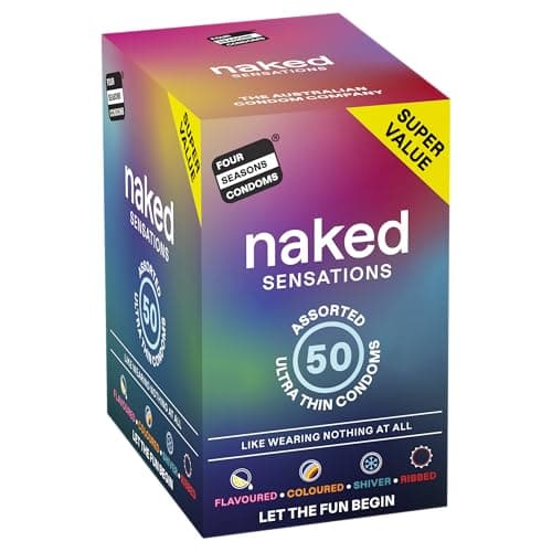 Four Seasons Naked Sensations Condoms - 50 Variety Pack - Ultra-Thin, Extra Sensitive Condoms - Flavoured, Coloured, Shiver & Ribbed.
