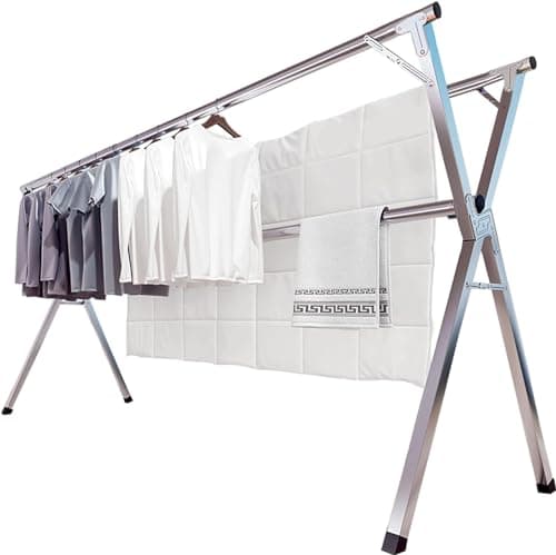 JAUREE 2.4 Meters Clothes Drying Rack, Drying Rack Clothing Folding Indoor Outdoor, Heavy Duty Stainless Steel Laundry Rack, Foldable Portable Large Clothes Rack Garment Rack with 20 Windproof Hooks