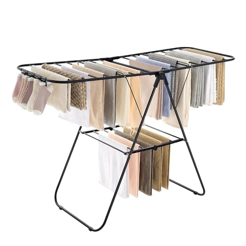 SONGMICS Clothes Drying Rack, with Sock Clips, Metal Laundry Rack, Foldable, Space-Saving, Free-Standing Airer, with Height-Adjustable Gullwings, Indoor Outdoor Use,Black LLR052B01
