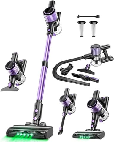 Cordless Vacuum Cleaner, 10-in-1 Stick Vacuum with Powerful Suction, Hose, Anti-Tangle Brush, Green LED Light, Lightweight Rechargeable Vacuum Cleaner for Home, Hardwood Floors, Carpets, Pet Hair
