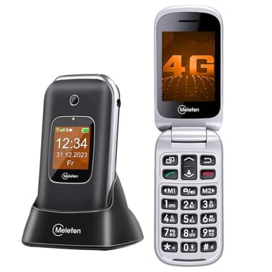 Melefon 4G Flip Mobile Phone for Elderly, Phone with Large Button, Loud Volume, 2.4 + 1.44 Inch Screen, SIM Unlocked, SOS Button, USB Type C, Charging Station