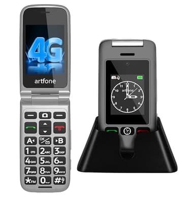 artfone G6 4G Flip Phone for Seniors, Unlocked with Dual Screens, Time Reporting, Speed Dial, Large Button Basic Mobile Phones, SOS Button, USB-C & Charging Dock, Clear Sound, Grey