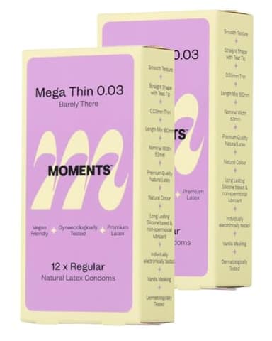 Moments Mega Thin 0.03 Condoms - 20% Thinner, Extra Lubricated, Premium Quality Natural Latex, Vegan, Gynaecologically & Dermatologically Tested (Pack of 2 (24 Counts)