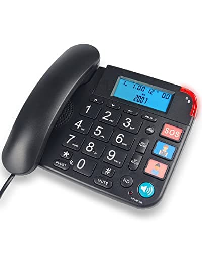 Elderly-Friendly Corded Landline Phone with LCD Screen, High-Volume Speaker, Speed Dial & Adjustable Settings, Ideal for Seniors, Classic Black