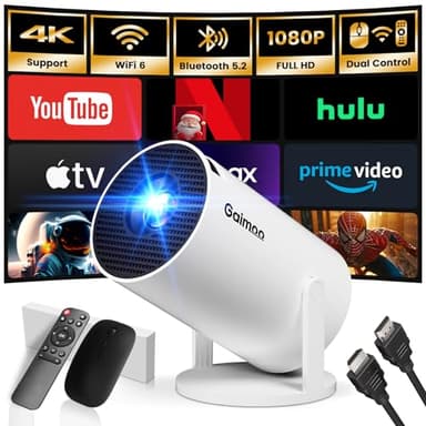 [Built-in App] Mini Projector 1080P FHD 4K Support Projector with Mouse Portable Projector with WiFi and Bluetooth 180° Adjustable Auto Keystone HDMI/TV Stick/PS5/Laptop, with HDMI Cable & Mouse