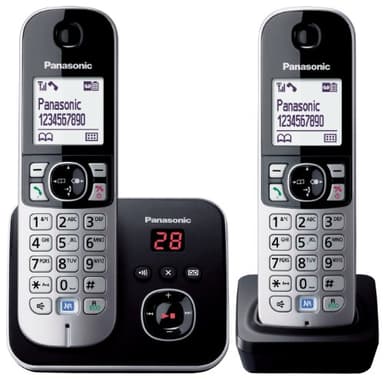 Panasonic DECT Digital Cordless Phone with Built-in Answering Machine and 2 Handsets (KX-TG6822ALB), Black & Silver