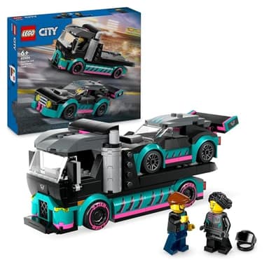 LEGO City Race Car and Car Carrier Truck Toy for 6+ Year Old Boys & Girls, Vehicle Building Set with Transporter Truck and Race Car Toys, Plus 2 Minifigures, Kids' Construction Toys 60406