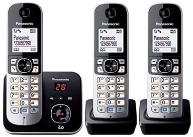 Panasonic DECT Digital Cordless Phone with Built-in Answering Machine and 3 Handsets (KX-TG6823ALB) Black & Silver