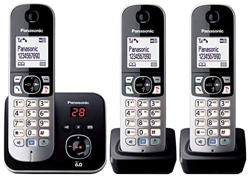 Panasonic DECT Digital Cordless Phone with Built-in Answering Machine and 3 Handsets (KX-TG6823ALB) Black & Silver